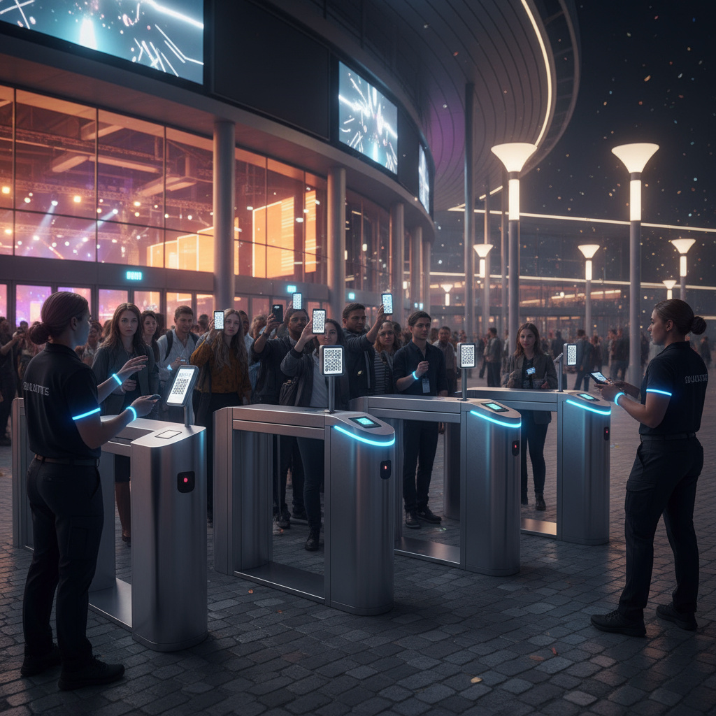 Attendees scanning mobile e‑ticket QR codes at an event entry gate