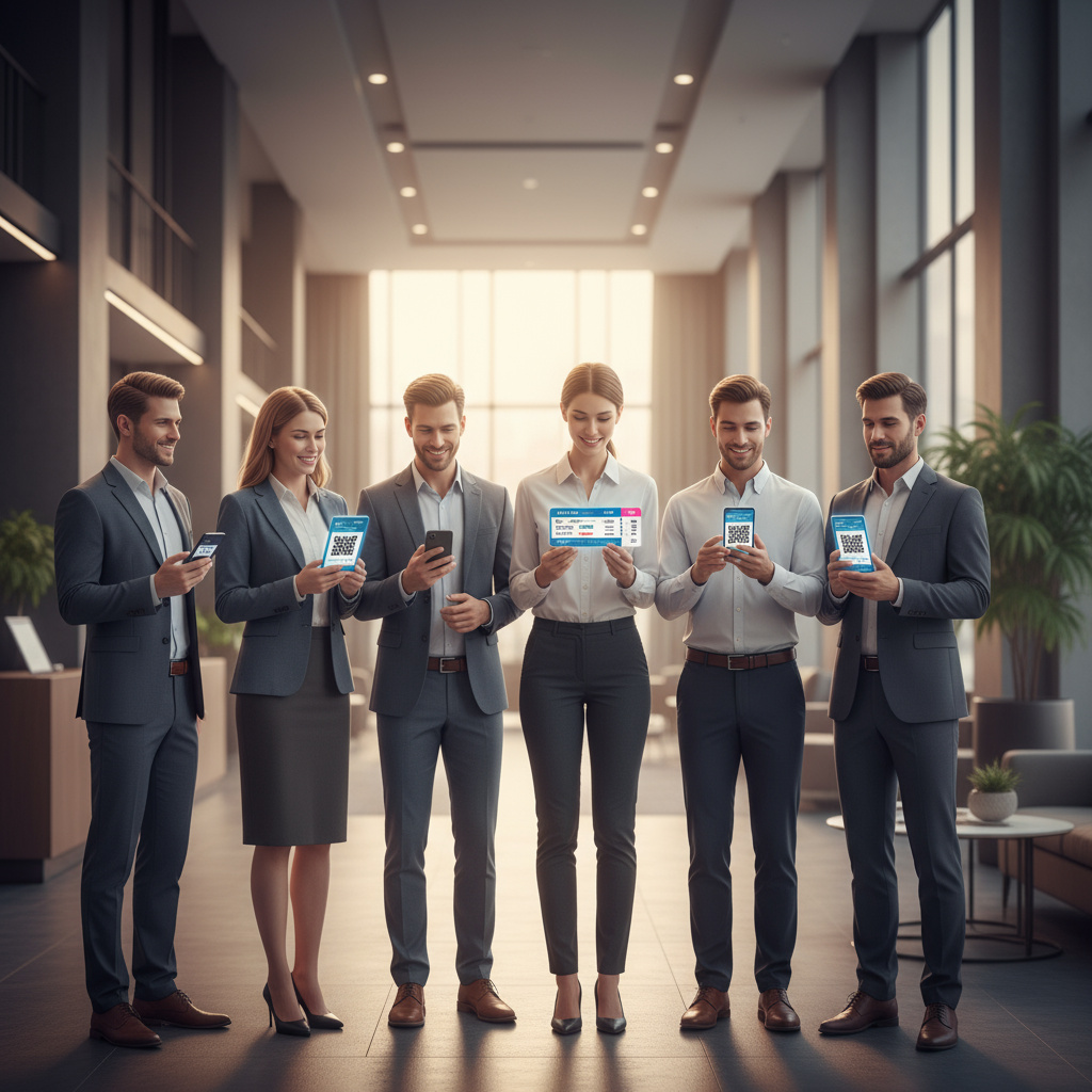 Corporate group receiving digital tickets on mobile devices