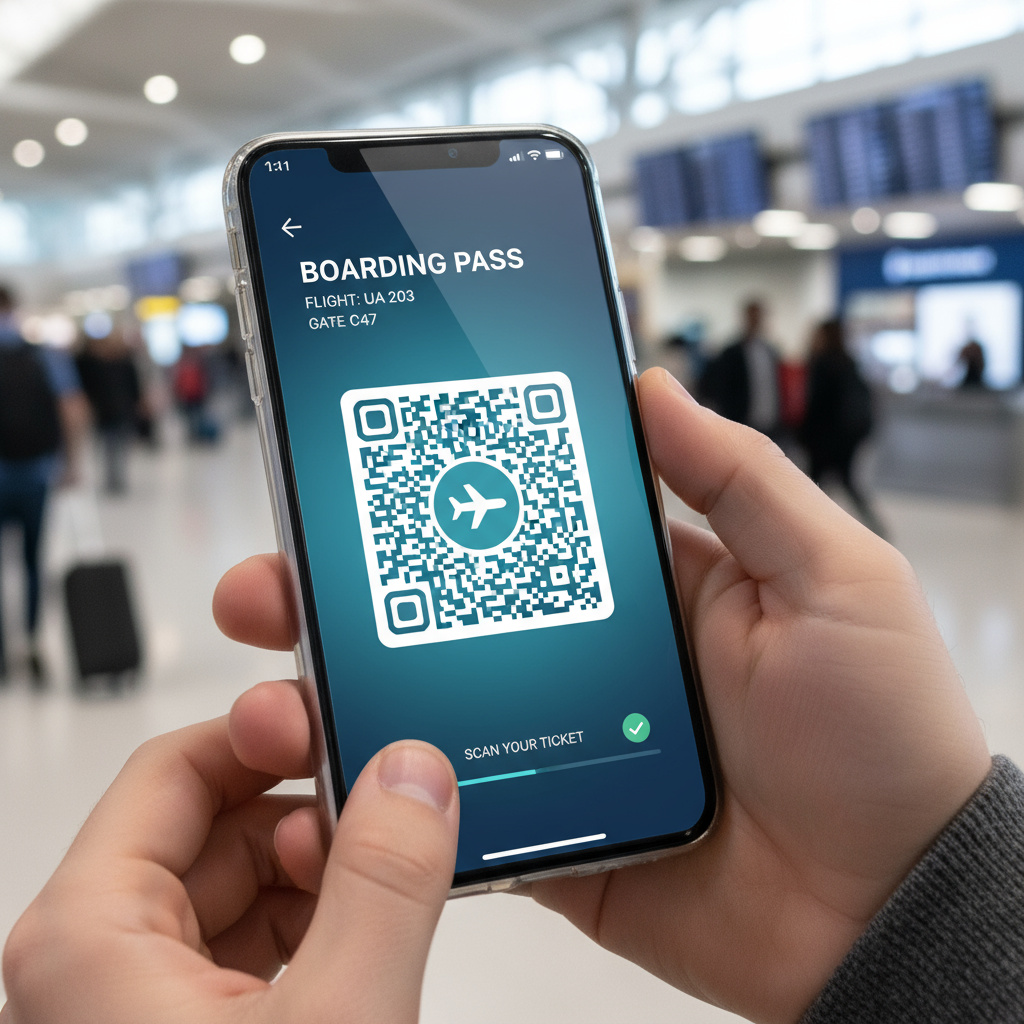 Smartphone displaying a mobile e‑ticket QR code